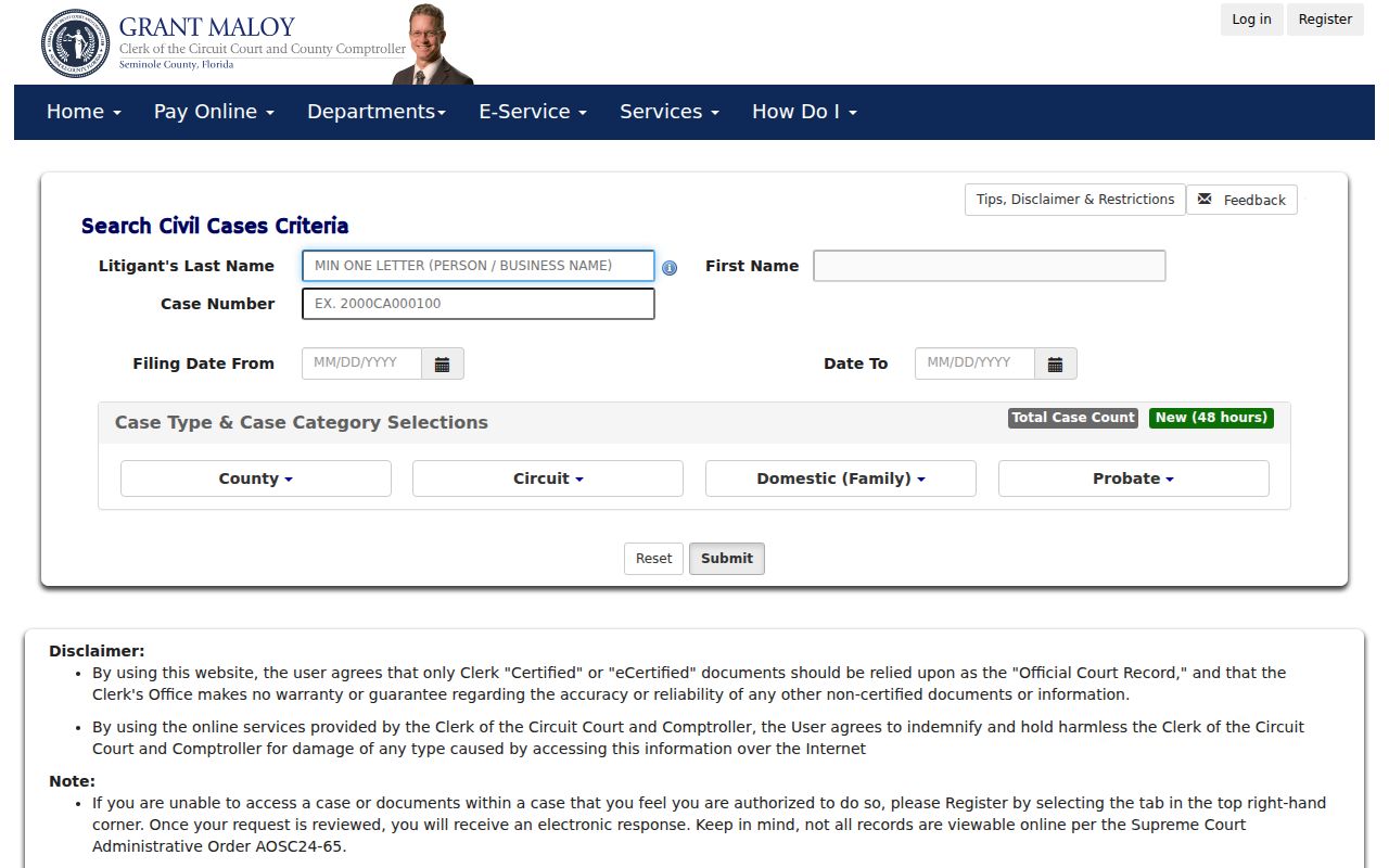 Seminole County civil court search used for a Winter Springs resident lookup
